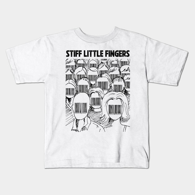 Barcode face Stiff Little Fingers Kids T-Shirt by adima